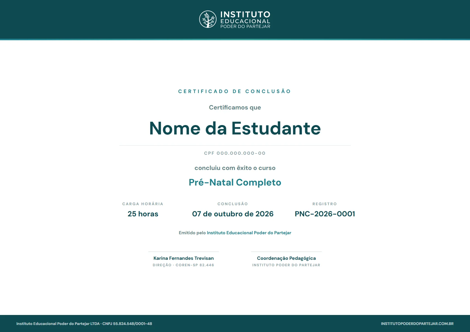 Certificado de Pré-Natal Completo, 25 horas, chancelado pelo Instituto Educacional Poder do Partejar
