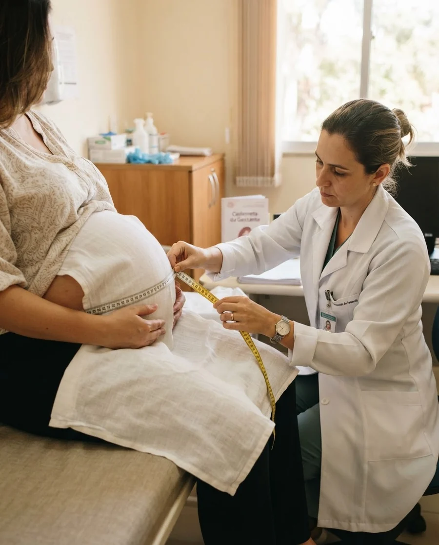 Enfermeira obstetra medindo a altura uterina de uma gestante na consulta de pré-natal