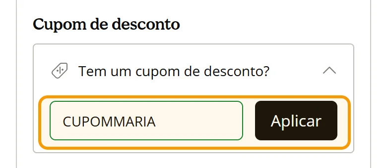 Campo de cupom do checkout da Hotmart, com o código CUPOMMARIA digitado e o botão Aplicar